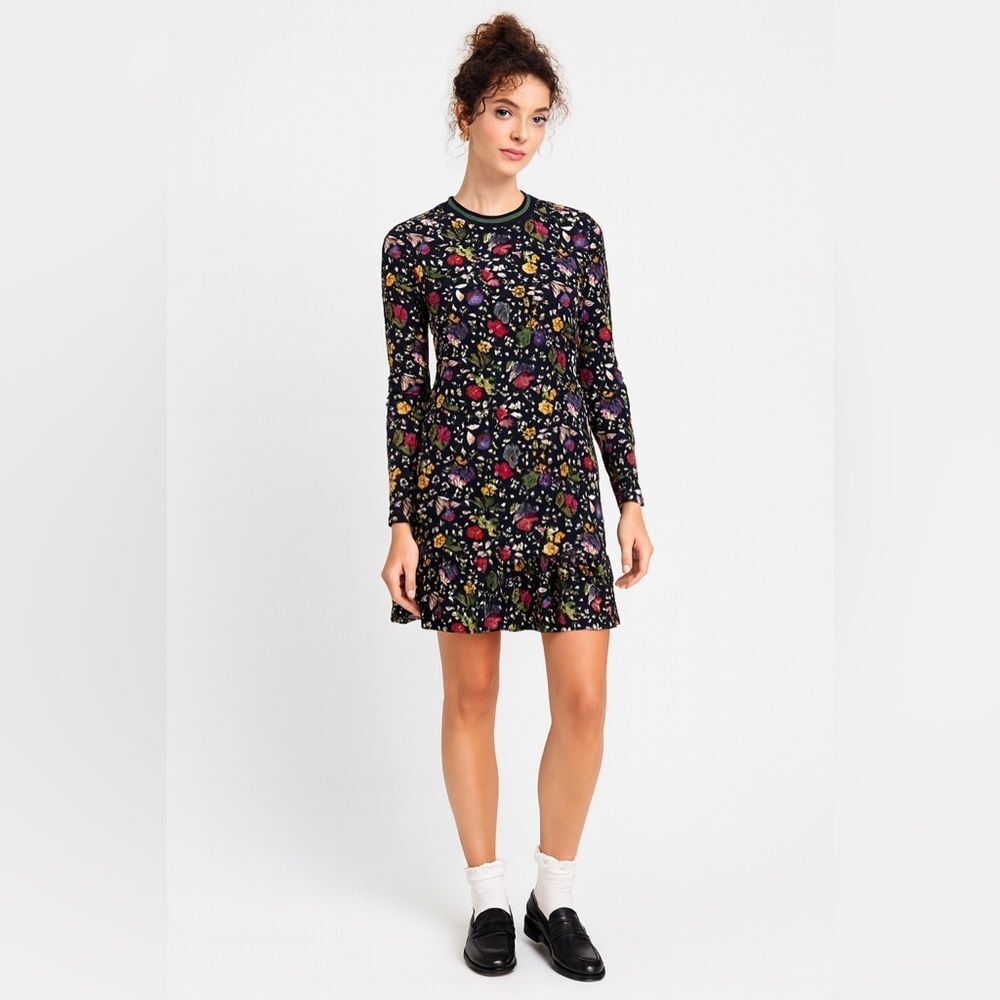 Zara Peplum Dress Size M Black Floral Varsity cuffs Long Sleeve Ruffle Hem